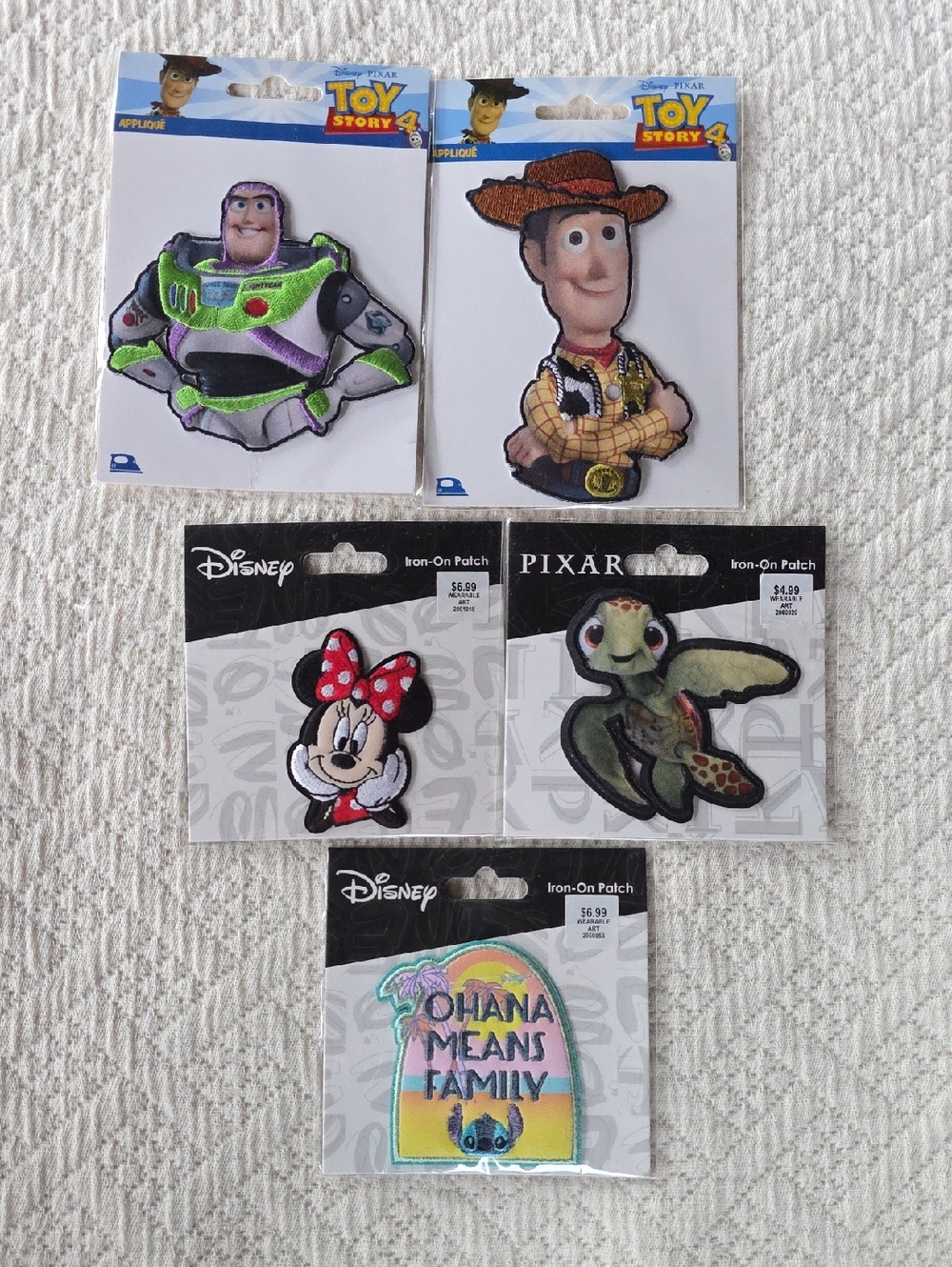 Toy Story & Disney Iron-On Patch Set Of Five Buzz-Woody-Minnie-Turtle 'Ohana'